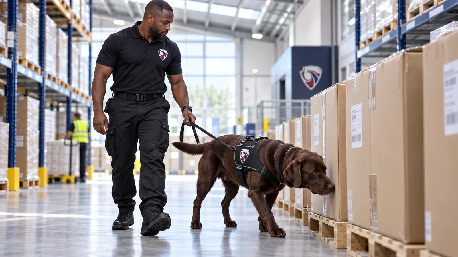 Detection dog handler and Labrador searching boxed goods in a warehouse
