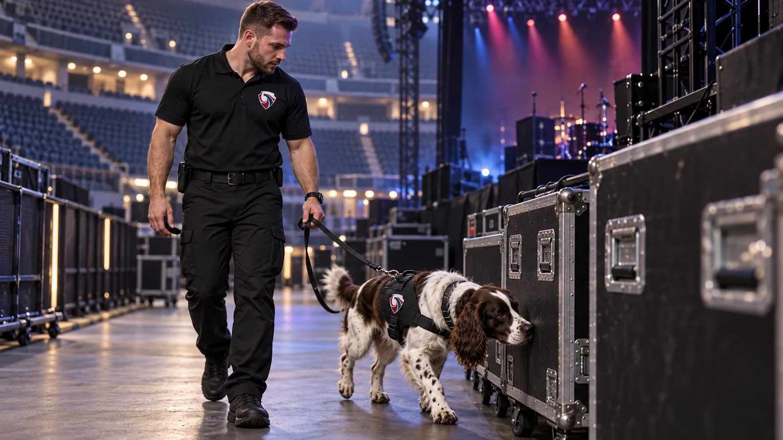 Detection dog handler and spaniel searching equipment cases at an arena