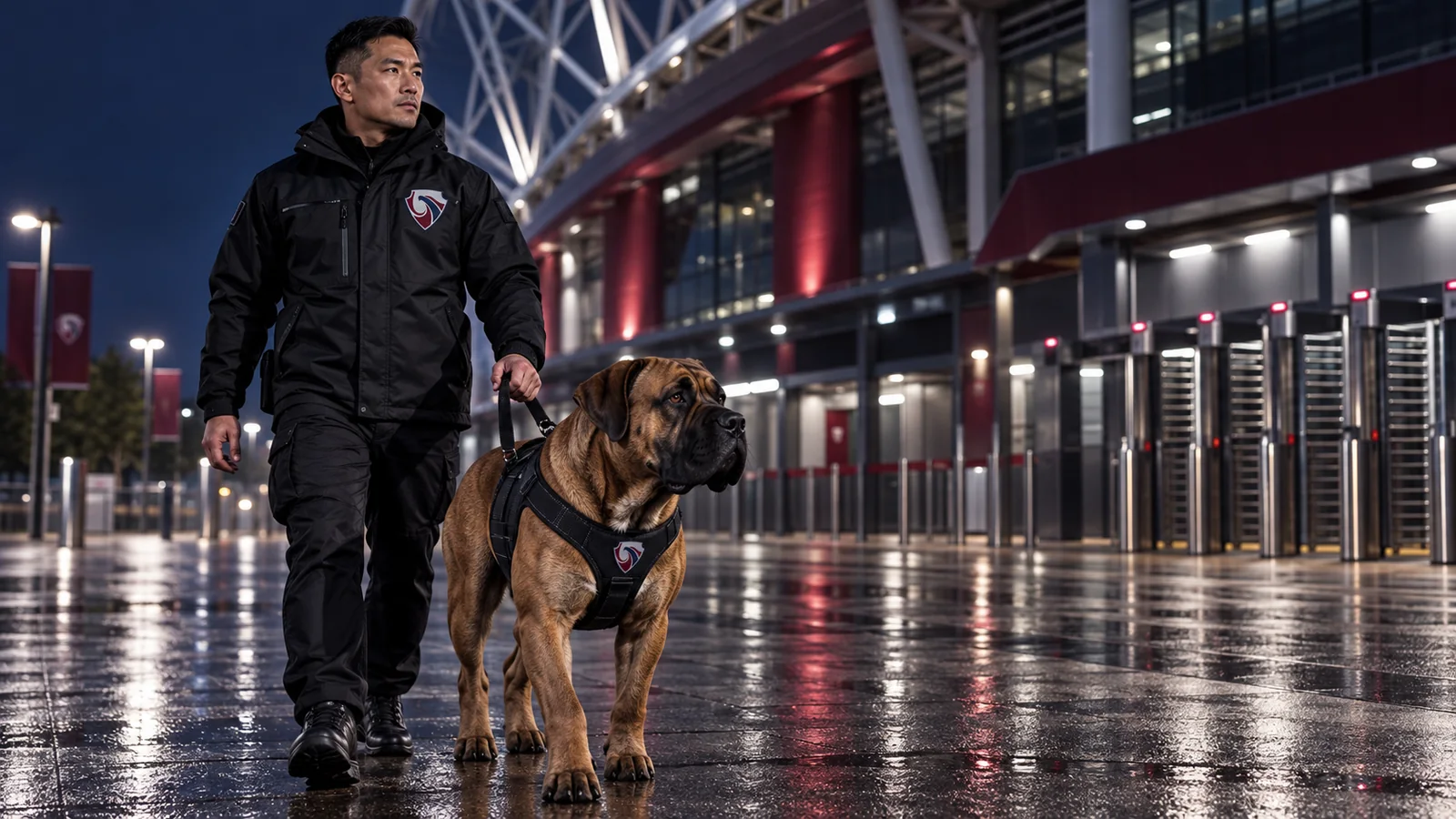 Security dog handler and mastiff patrolling a stadium entrance at night
